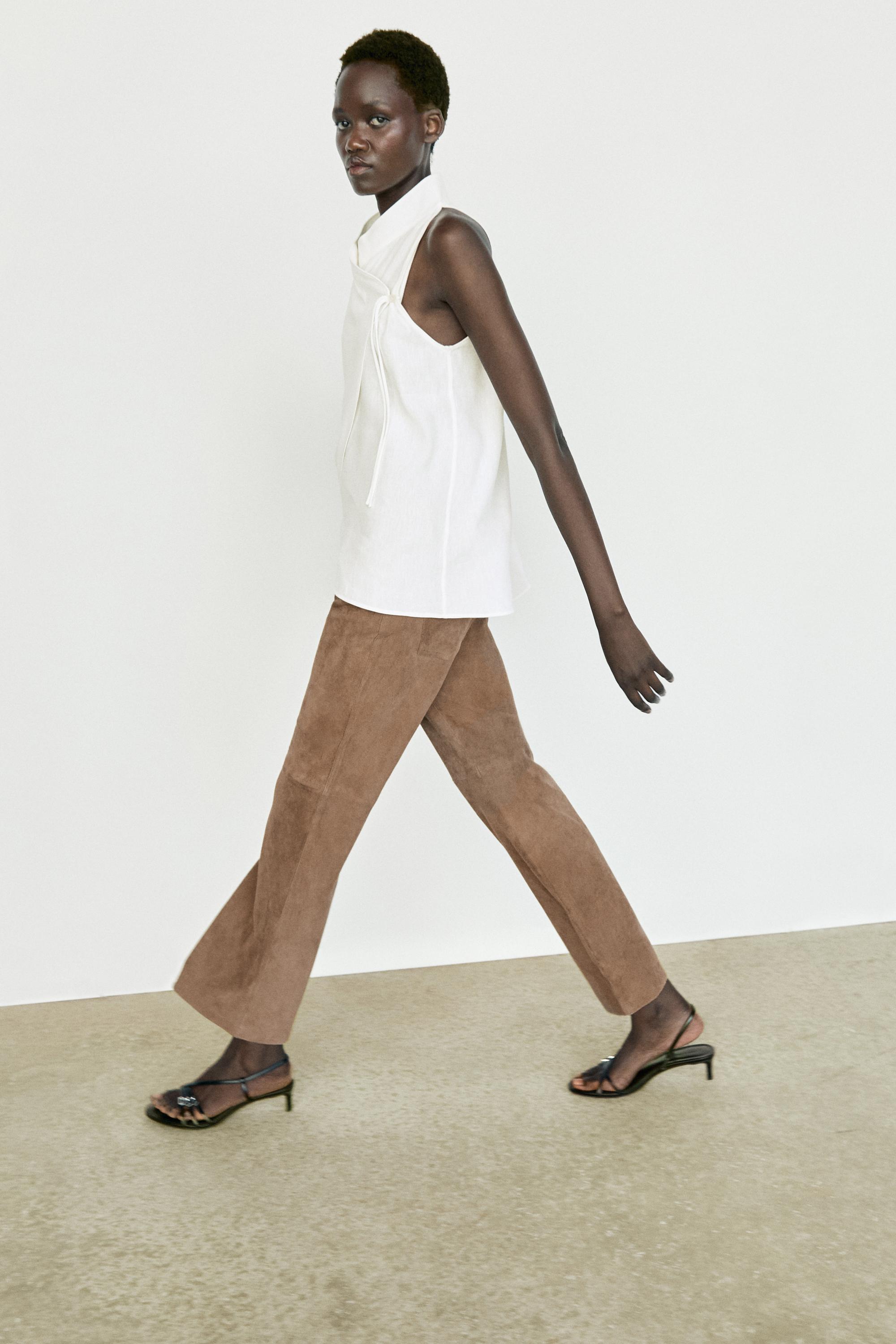 Cropped suede leather flare fit leggings